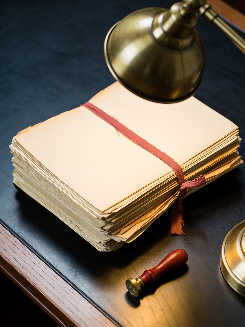 Legajo de documentos atado con cinta roja sobre un escritorio oscuro, junto a un sello de caucho y una lámpara de bronce