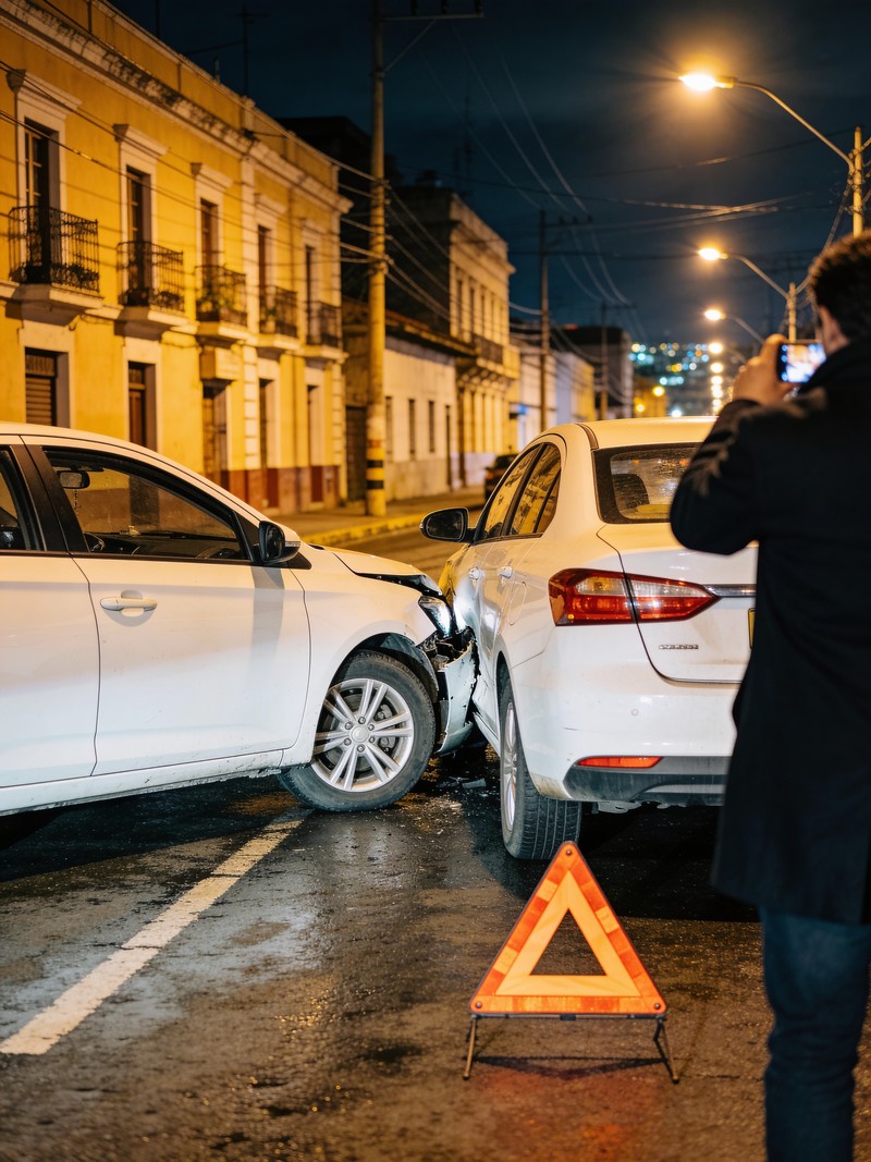 Dos vehículos detenidos tras una colisión nocturna en una vía urbana, con triángulo de seguridad y una persona registrando los daños