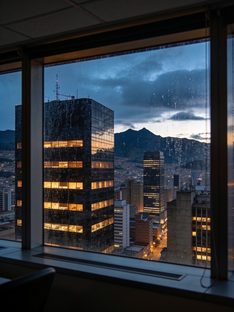 Distrito financiero de Bogotá al anochecer visto desde una oficina corporativa en altura