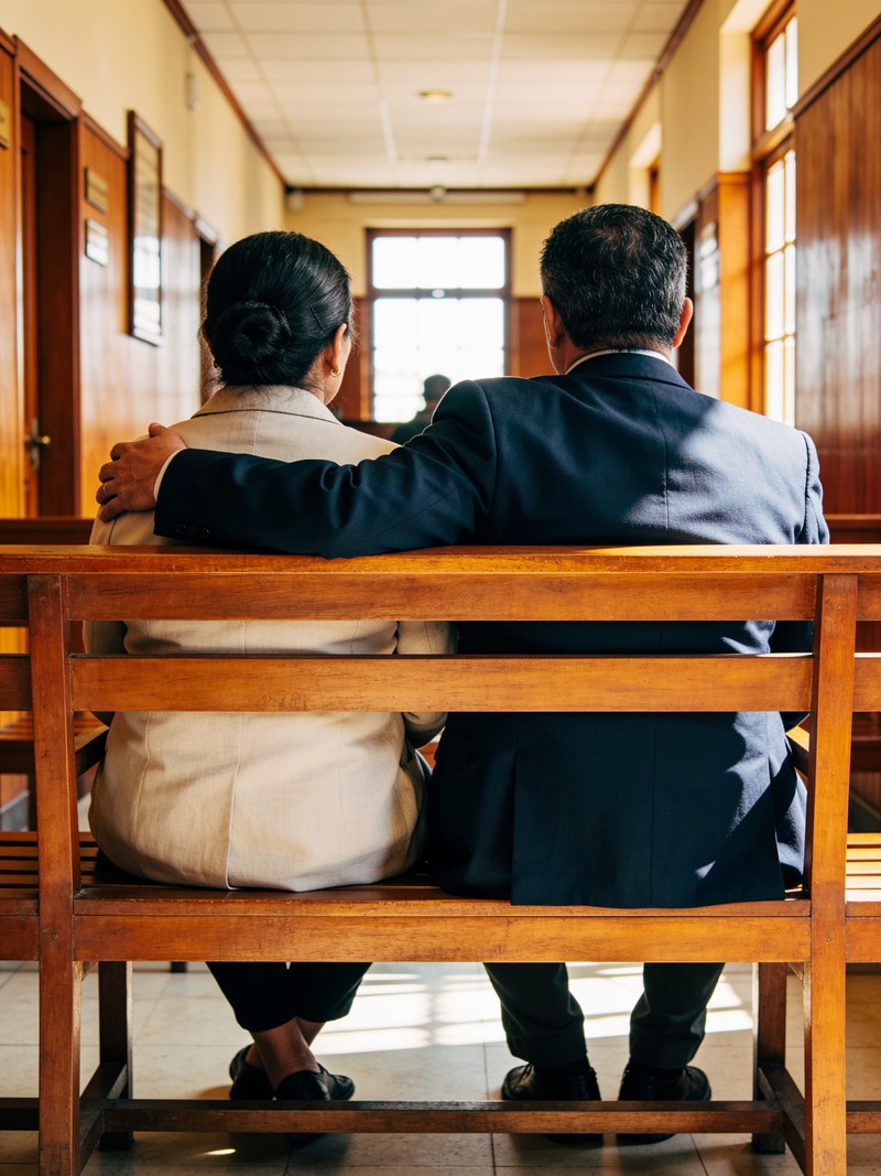 Una pareja sentada de espaldas en la banca de un corredor de juzgado, uno con la mano sobre el hombro del otro