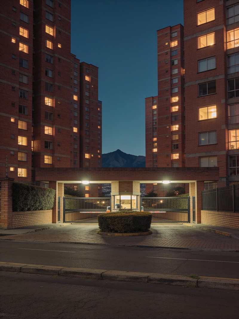 Torres residenciales de ladrillo de un conjunto bogotano al anochecer, con portería iluminada